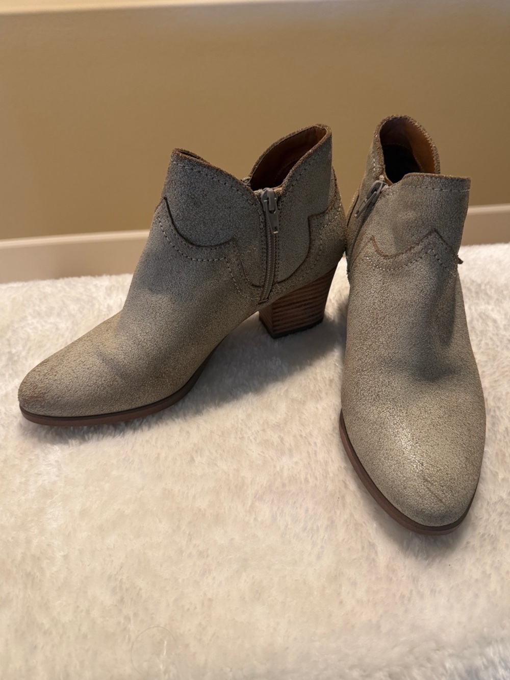 Zodiac Kaylin Taupe Suede Ankle Booties with Stacked Heel